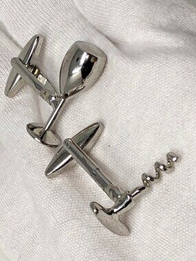 Novelty Cufflinks Wine Glass & Corkscrew Chrome Silver Bartender Sommelier